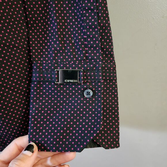 Express Design Studio Womens Top Size M Black Purple Polka Dot Button Up Stretch - Picture 5 of 10